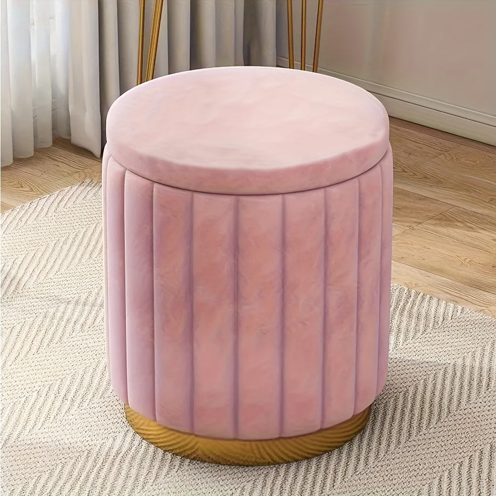 Modern round storage pouf, Nordic Chic style, boasts a reflective mirror finish and practical hidden storage.