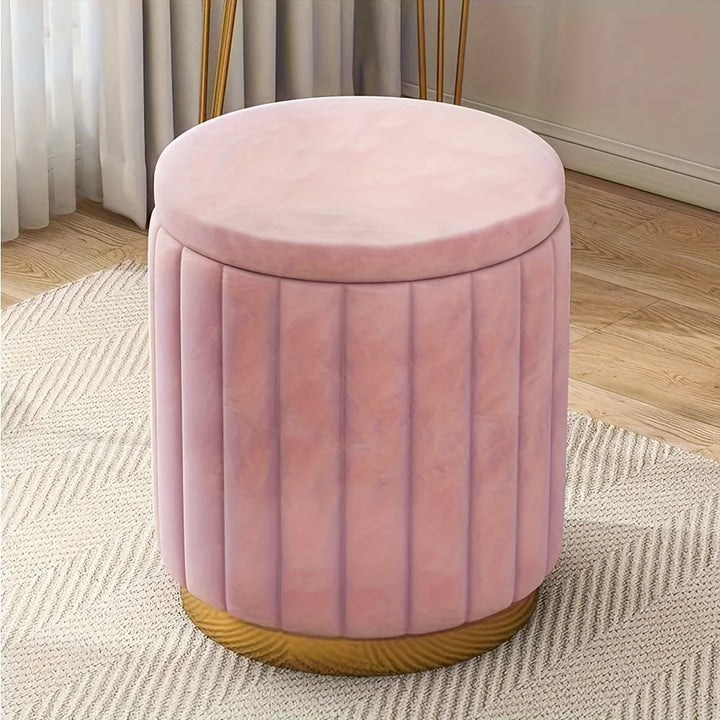 Modern round storage pouf, Nordic Chic style, boasts a reflective mirror finish and practical hidden storage.