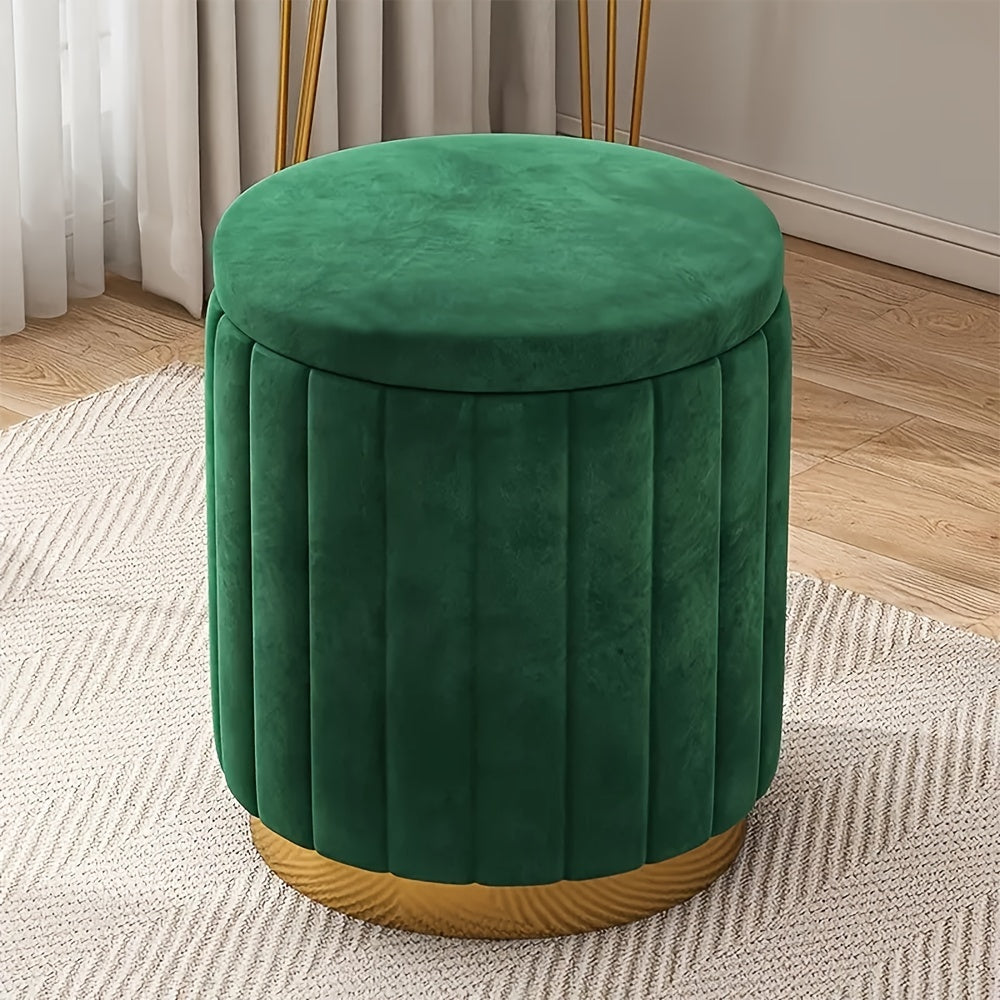 Elegant Nordic Chic storage ottoman, a round pouf with luxurious mirror finish, ideal for bedrooms.