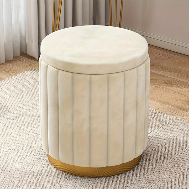 Versatile round ottoman, mirror finish, providing hidden storage & Nordic chic style for living room decor.