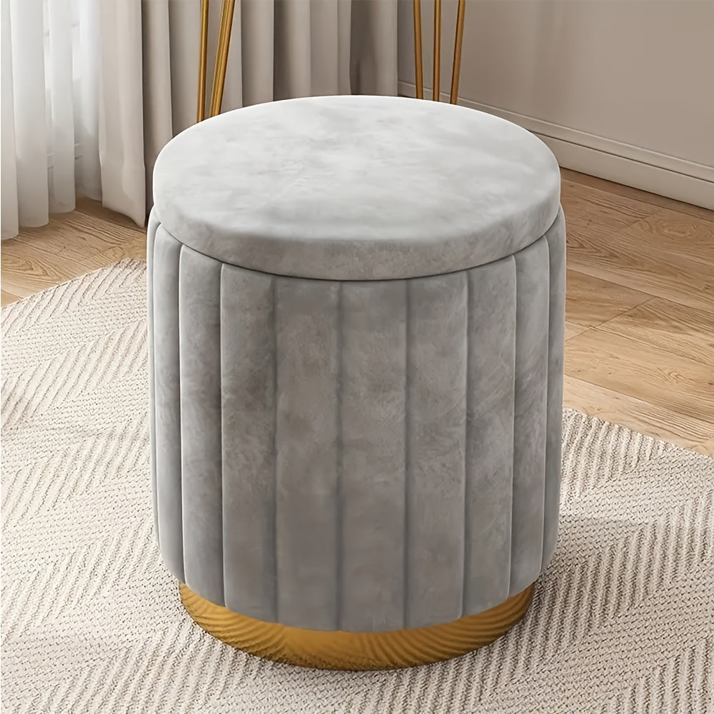 Chic round pouf with mirror finish, a Nordic storage ottoman enhancing any contemporary home interior.