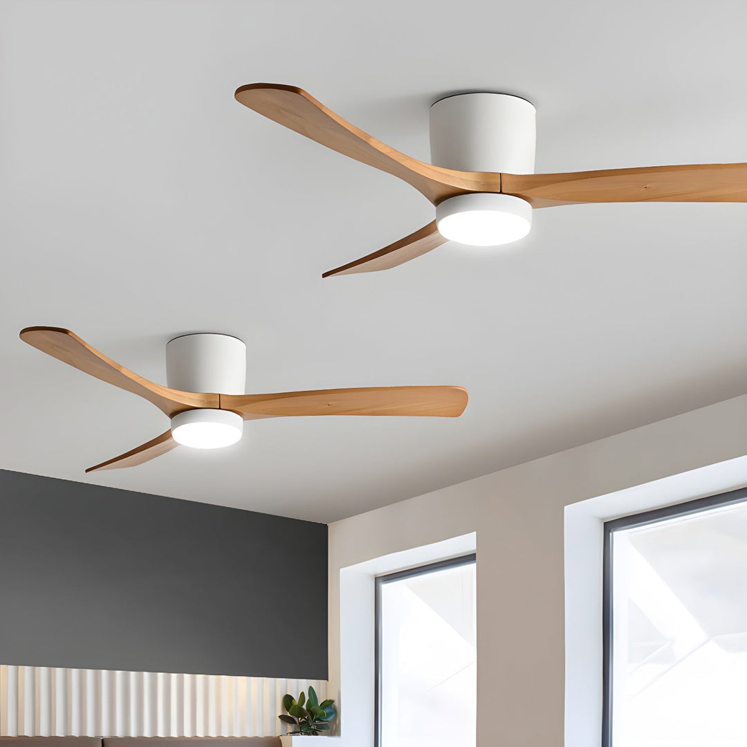Nordic wooden ceiling fan with LED light & remote. Modern home decor.