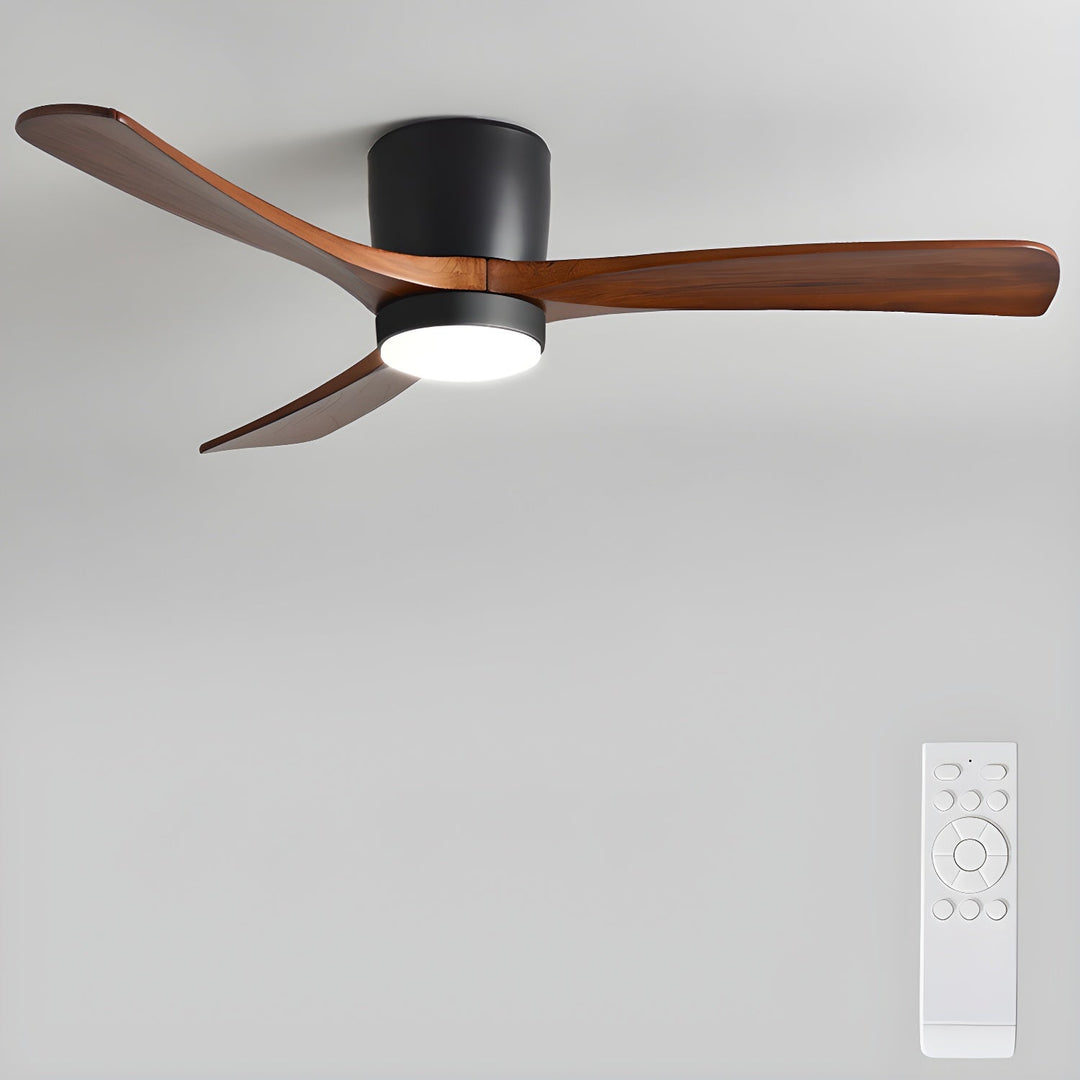 Modern ceiling lamp & fan combo. Wooden design, LED light, convenient remote.