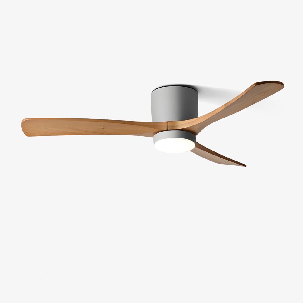 Scandinavian style wooden ceiling fan with remote-controlled LED light.