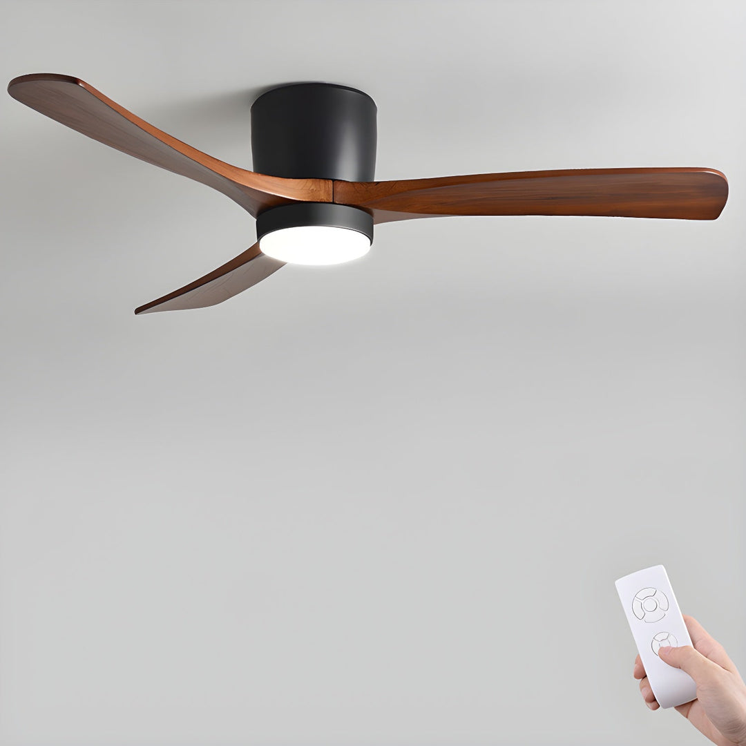 Elegant wooden ceiling fan, LED light, and remote control for contemporary homes.