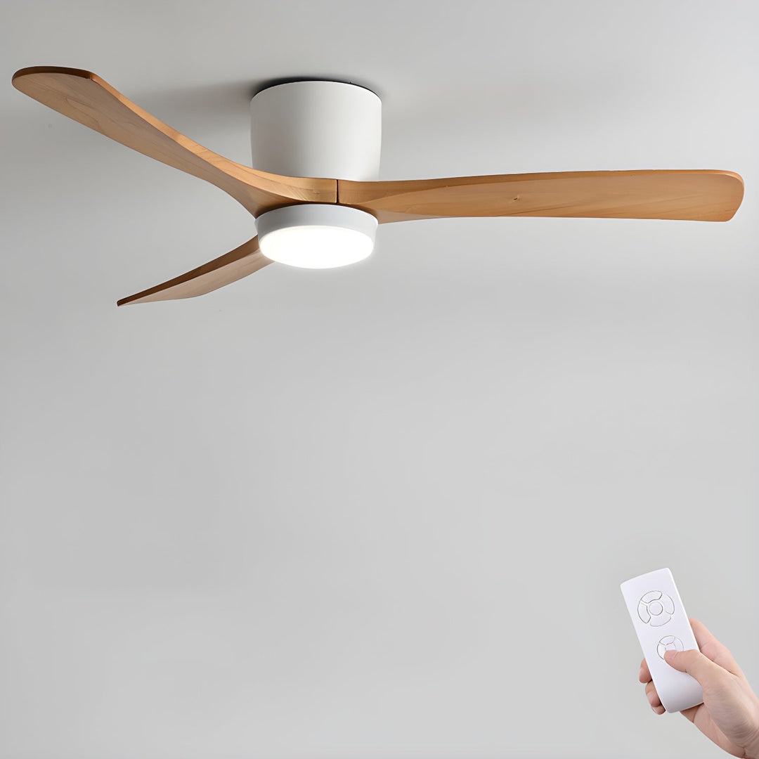 Sustainable wooden ceiling fan with integrated LED light & remote control.