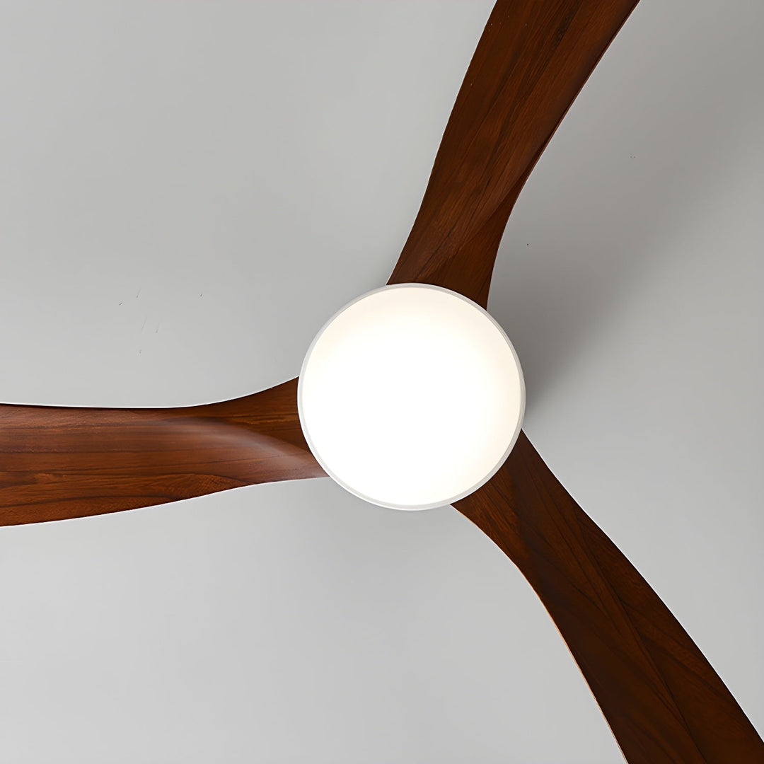Stylish Nordic wooden fan with LED light, remote. Perfect for modern home lighting.