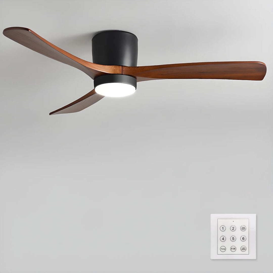 Modern ceiling fan featuring wooden blades, LED light, and handy remote control.