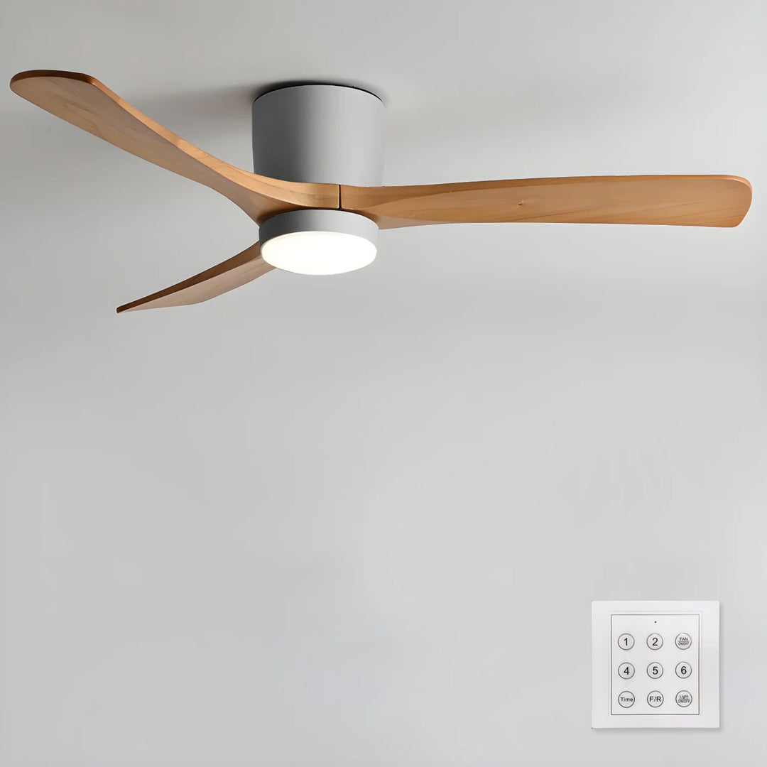 Wooden LED ceiling fan with remote. Scandi-inspired design for modern spaces.