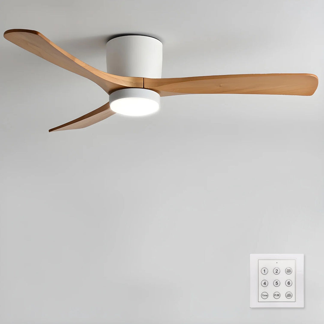 Natural wood ceiling fan with LED light. Remote control for easy temperature.
