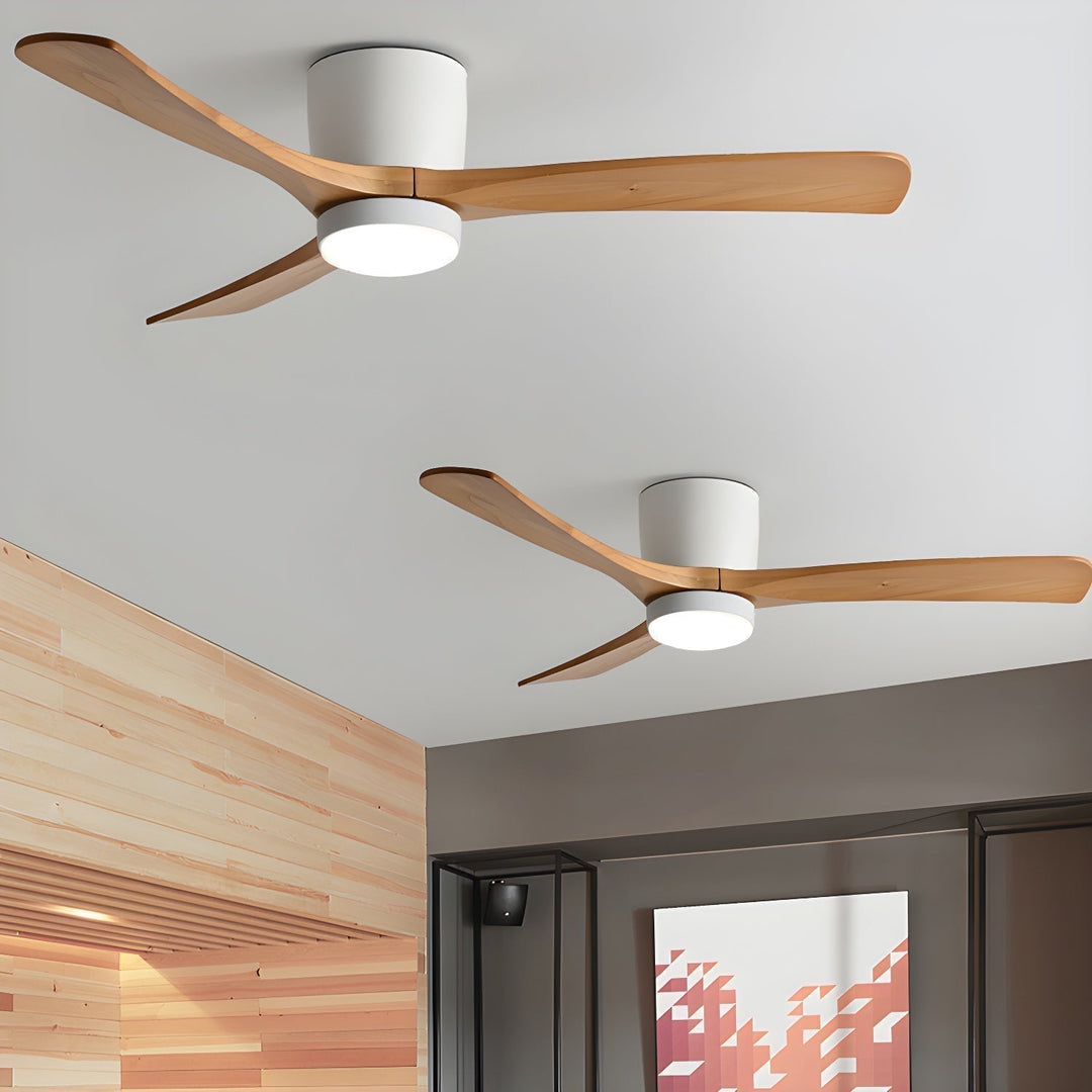 Stylish wooden ceiling fan with integrated LED light, remote control.