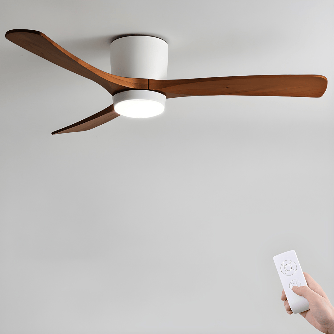 Nordic wooden ceiling fan, LED light, remote. Beautiful lighting and air circulation.