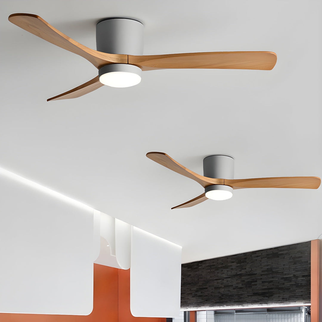Modern wood ceiling fan with LED lamp and remote. Enhances any room's decor.