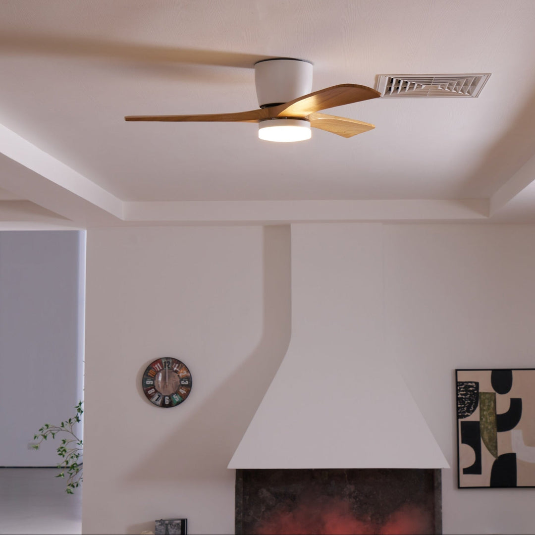 Eco-friendly wooden ceiling fan with LED light & remote for stylish interiors.