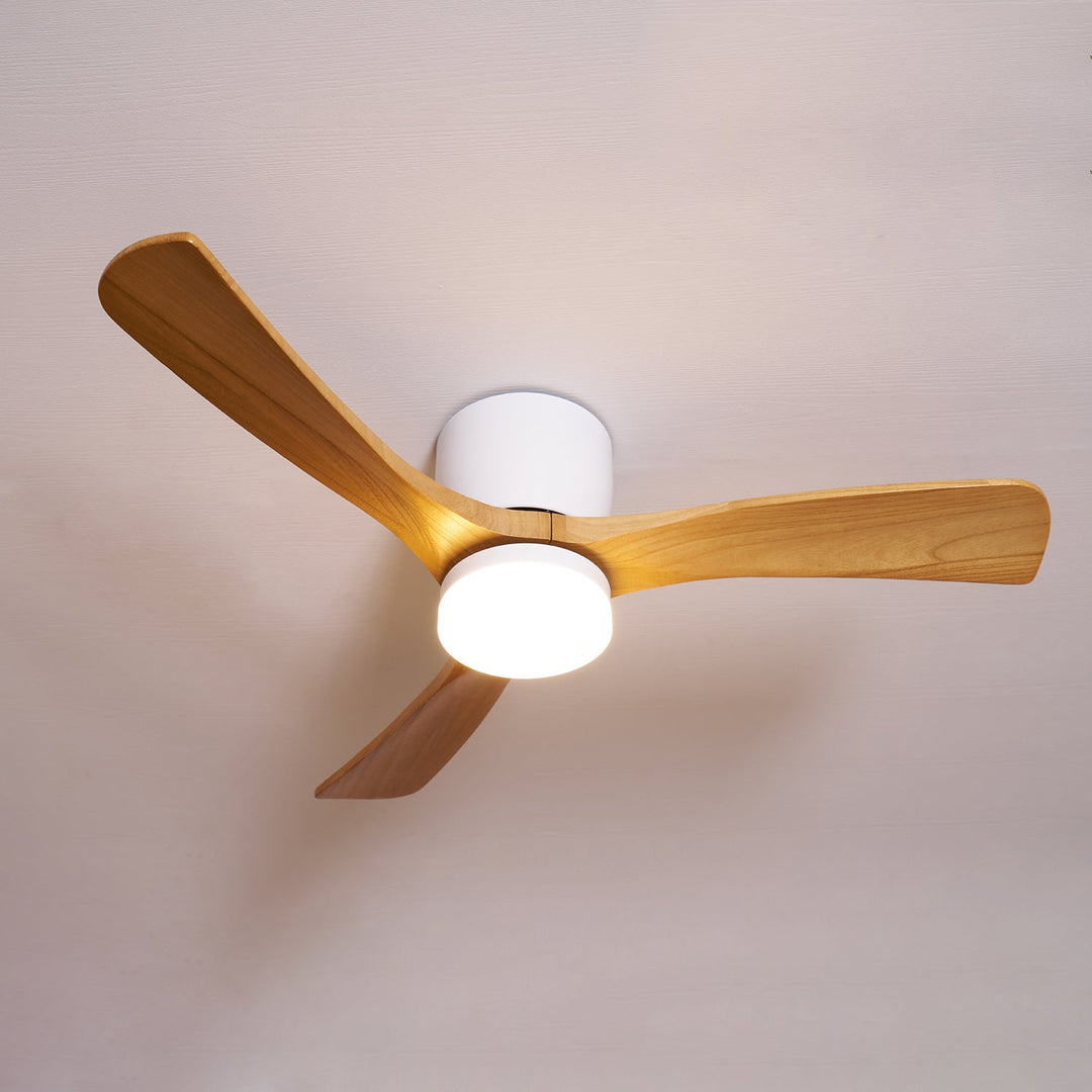 Stylish Nordic ceiling fan with wooden blades, LED light, and remote control.