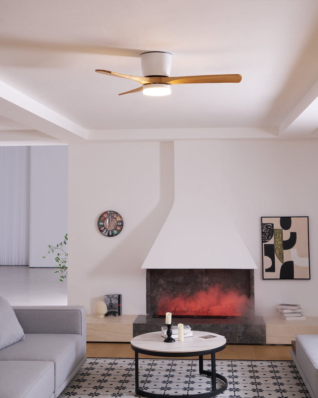 Modern ceiling fan with natural wooden finish, LED light, and remote control.