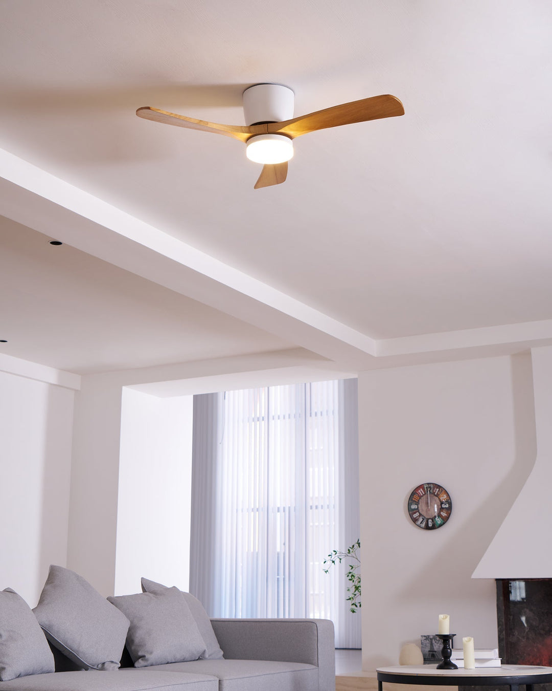 Energy-saving wooden ceiling fan with LED light & remote for stylish living.