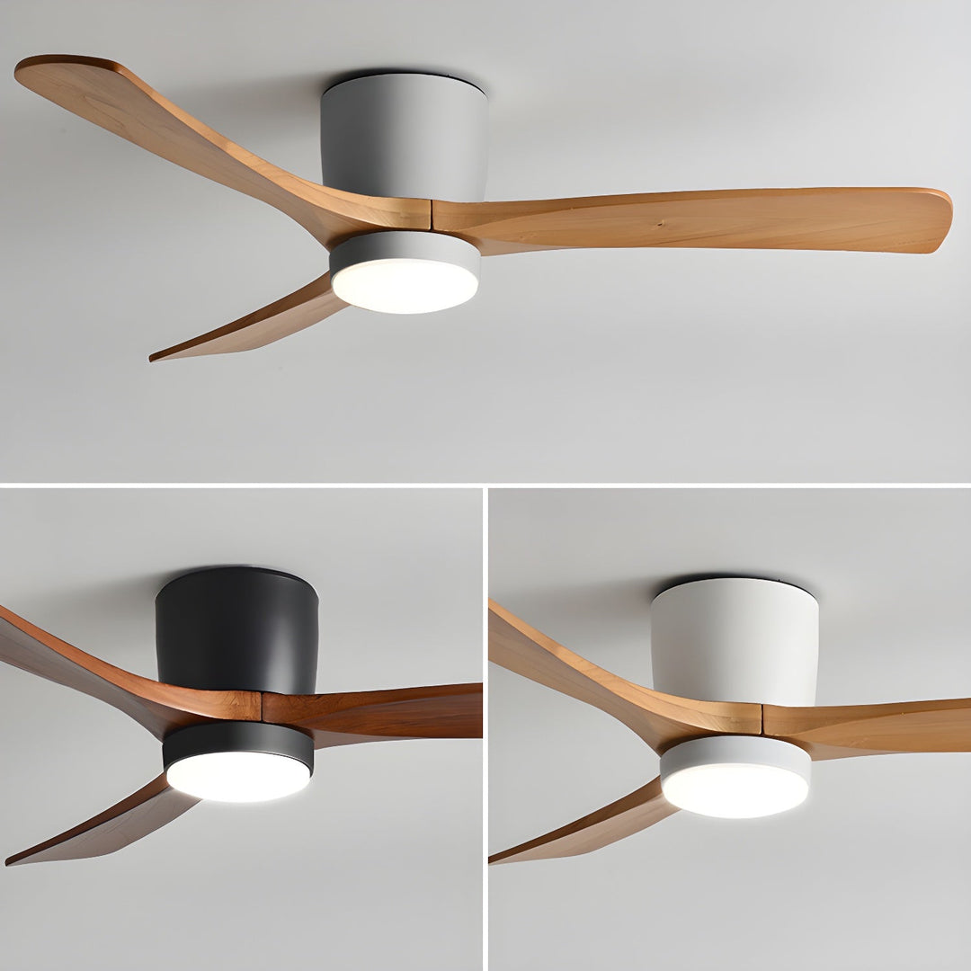 Quiet Nordic ceiling fan, wooden blades, LED lamp. Perfect for modern interiors.