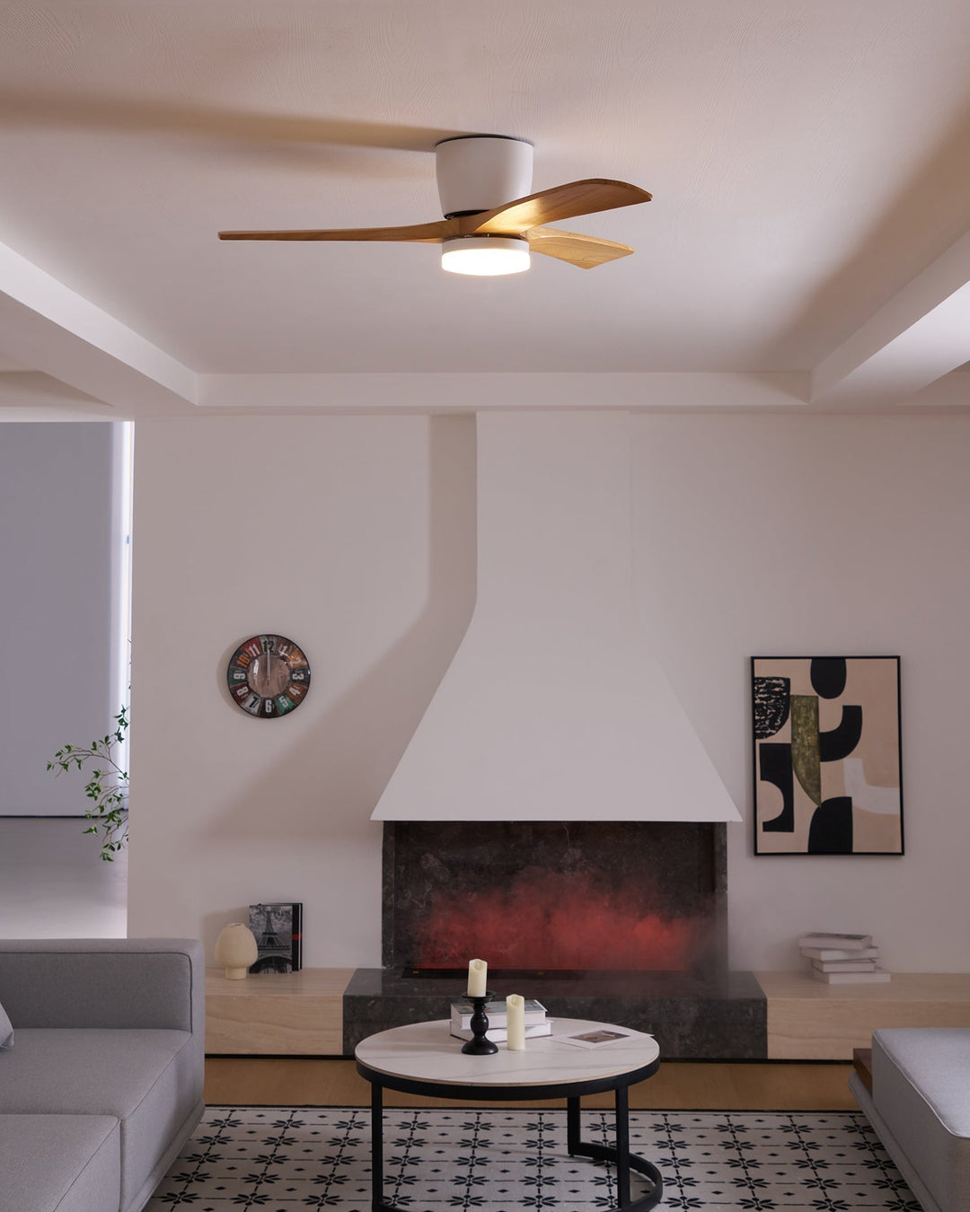 Dimmable LED wooden ceiling fan with remote control. Modern Nordic design.