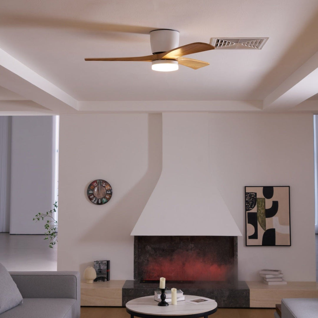 Sleek wooden ceiling fan, LED light, and remote. Complements modern home aesthetics.
