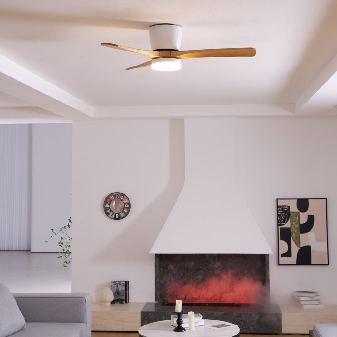 Scandinavian wooden ceiling fan with LED light. Remote for easy brightness & speed.