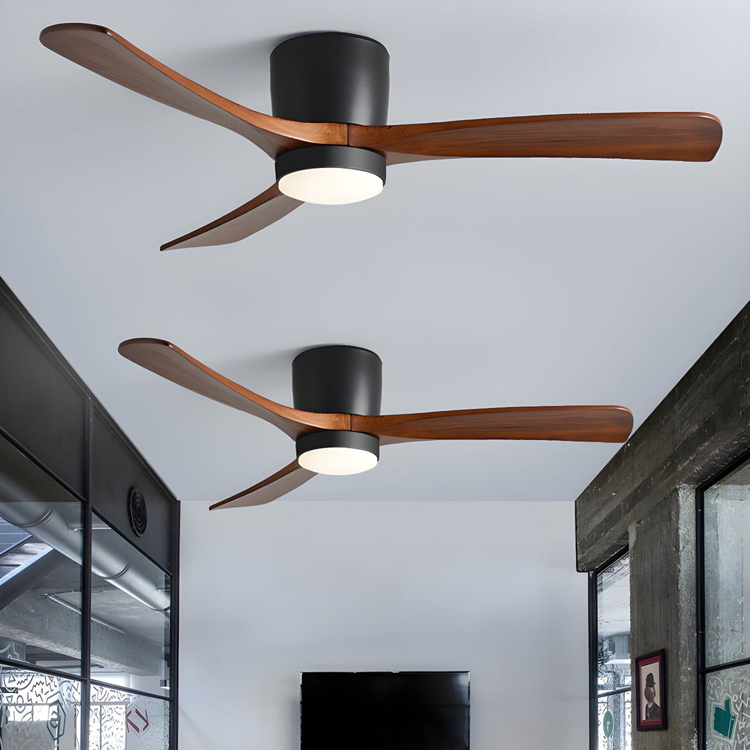 Quiet operation wooden ceiling fan with LED light, remote. Ideal for focused work.