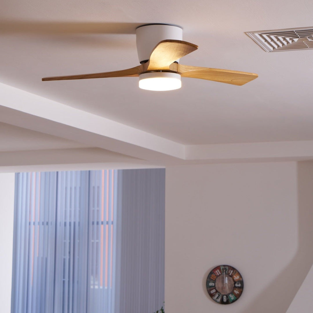 Modern wooden ceiling fan with LED light. Remote control for effortless adjustments.