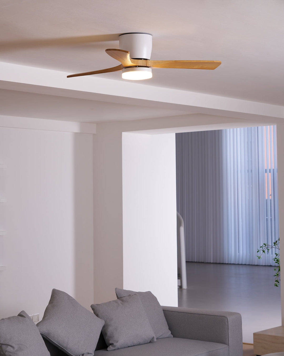 Nordic style wooden fan with LED light & remote. A stylish addition to any room.