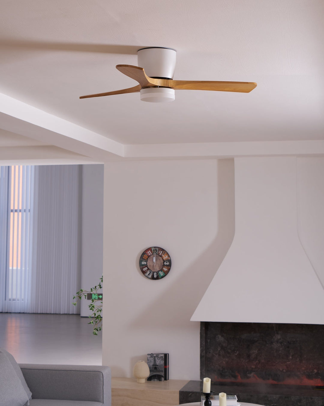 Wooden ceiling fan, LED light, remote control. Enhancing modern home interior design.