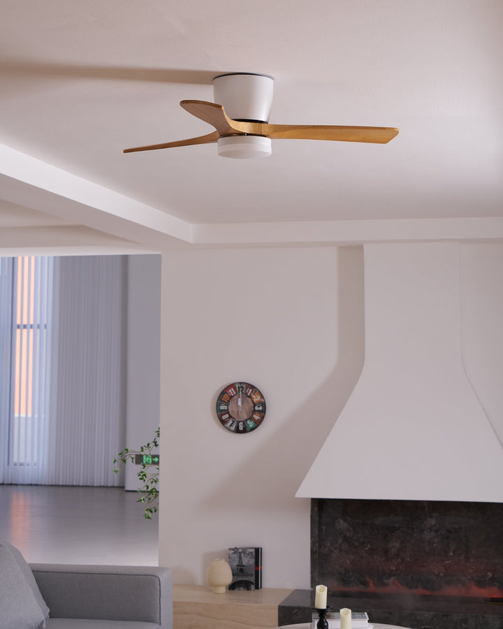 Wooden ceiling fan, LED light, remote control. Enhancing modern home interior design.