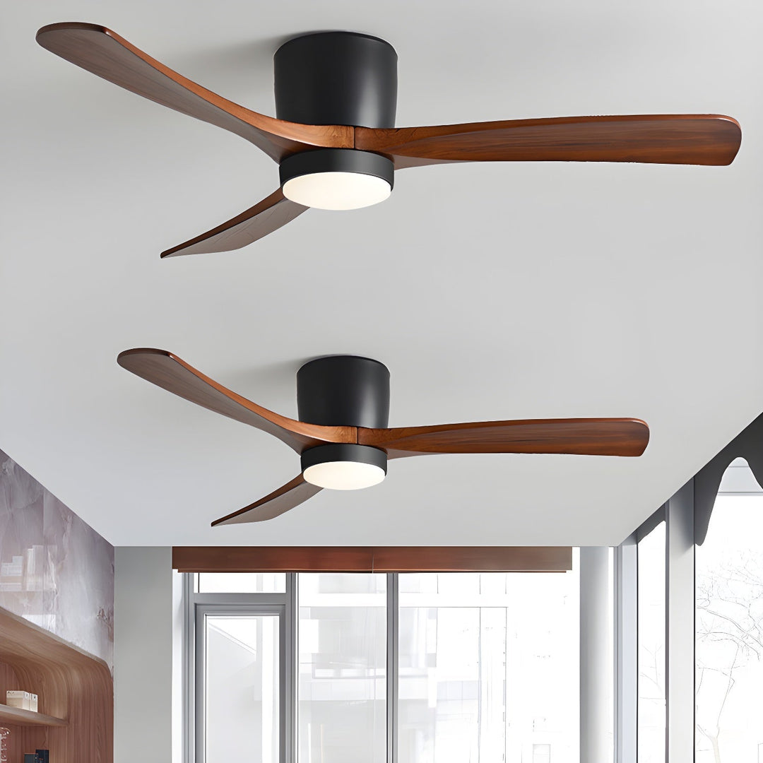 Contemporary wood ceiling fan with integrated LED light and smart remote control.