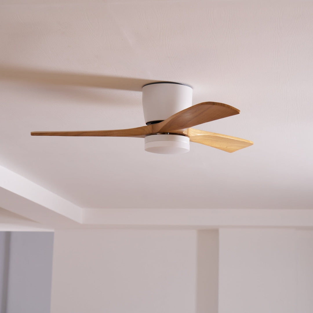 Natural wood finish ceiling fan with LED light. Remote for seamless control.
