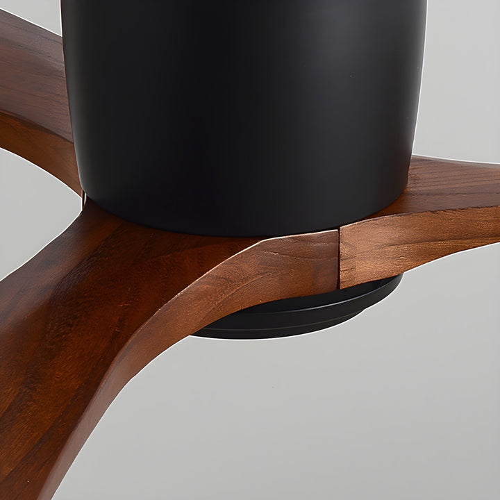 Modern wooden ceiling fan with remote control, LED lighting. Scandi home decor.