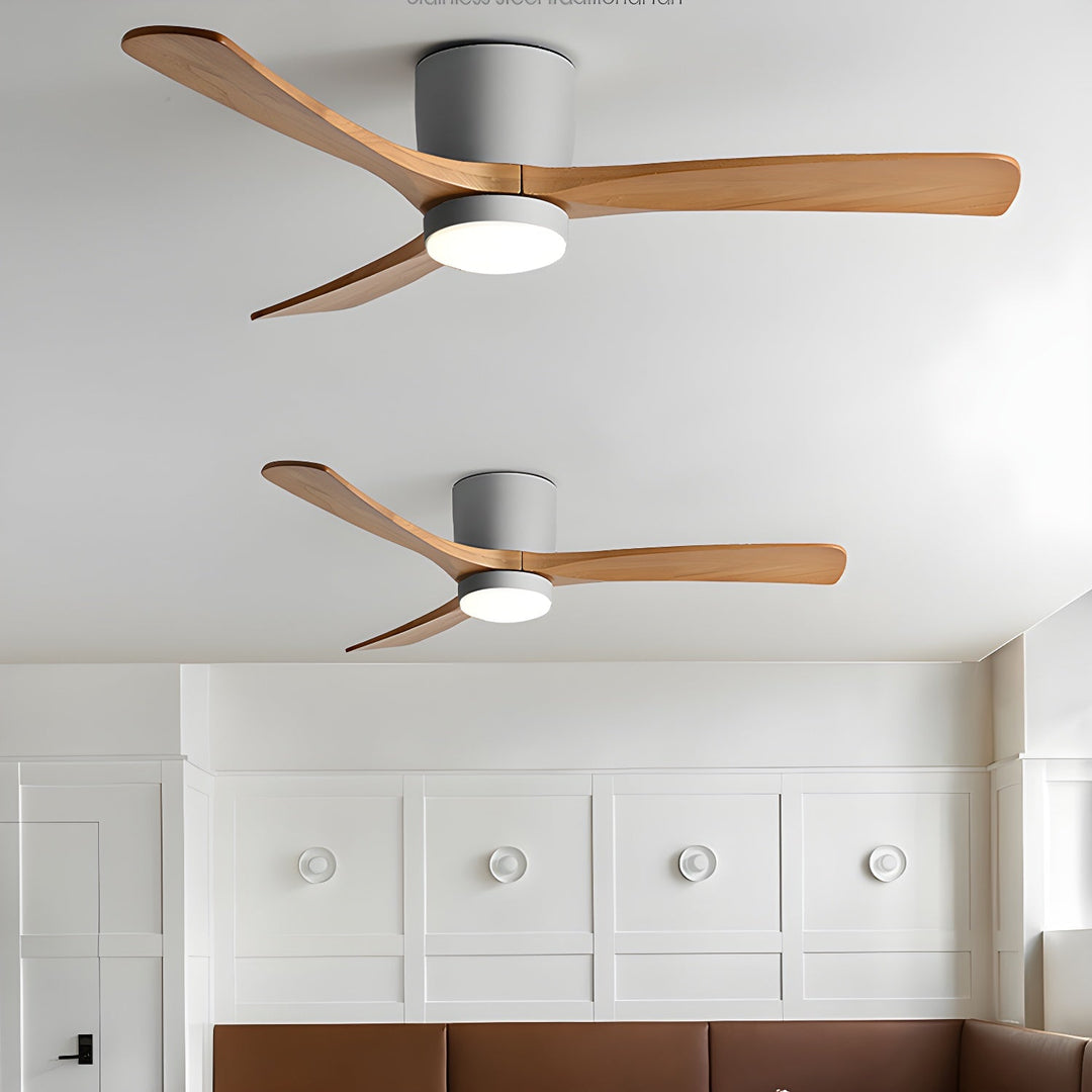 Stylish wooden ceiling fan with bright LED light, remote. Perfect for any modern space.