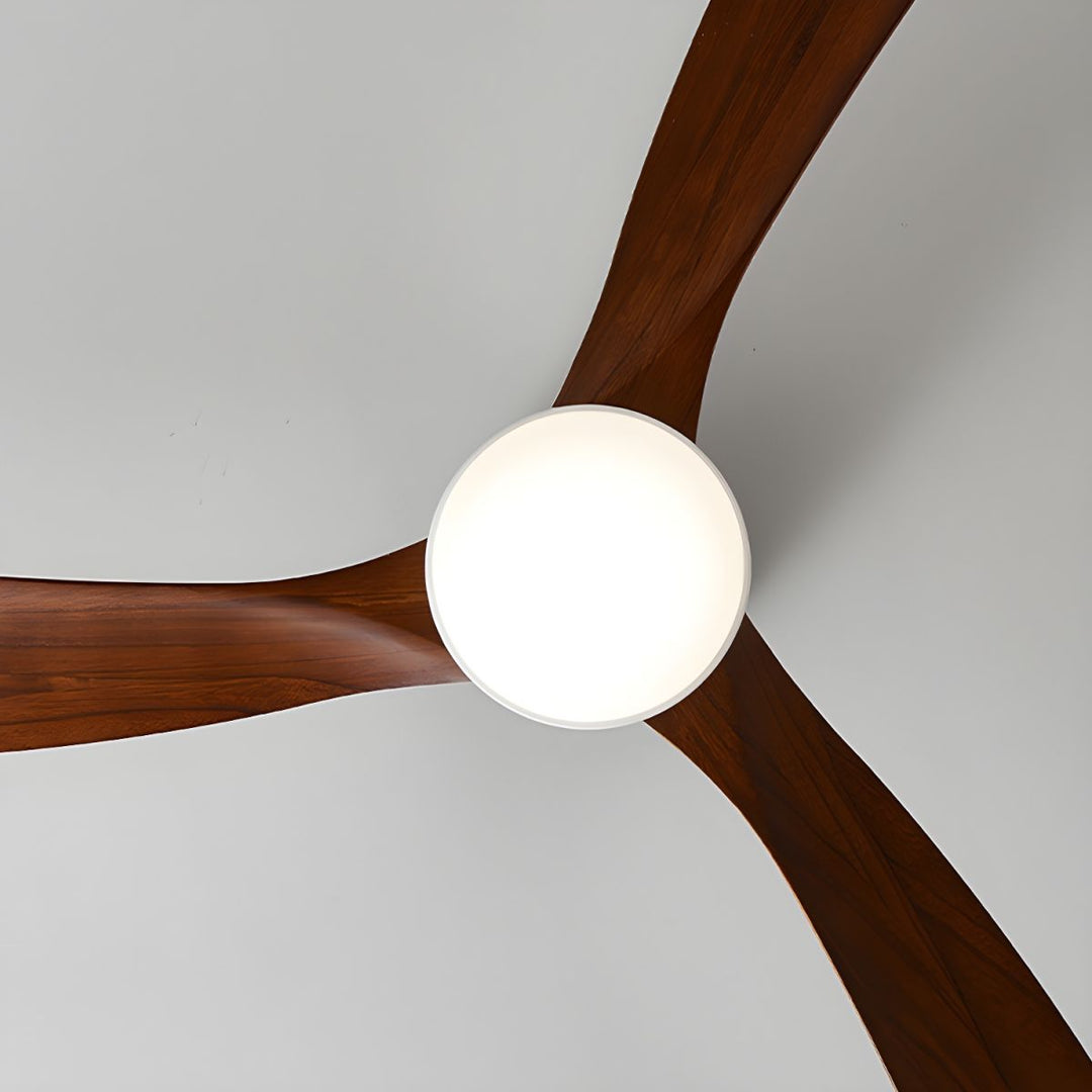 Sleek wooden ceiling fan with LED light for bedroom, living room. Remote included.