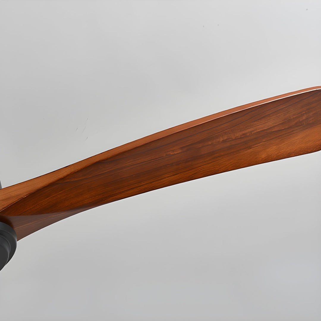 Contemporary wooden ceiling fan, LED light kit & remote. Enhances modern decor.
