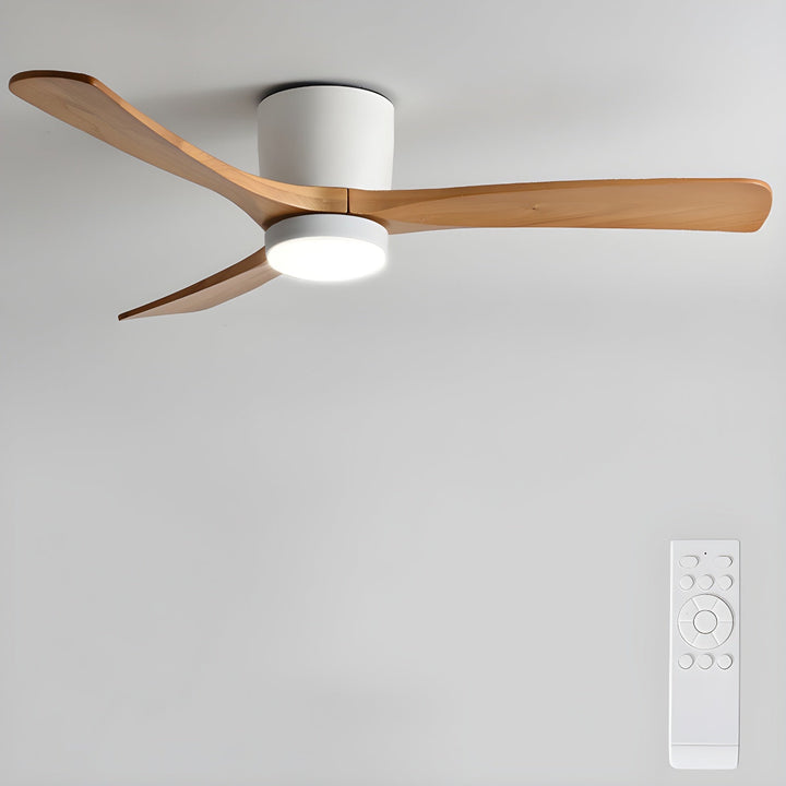 Natural wood ceiling fan with bright LED light. Remote controlled, quiet operation.