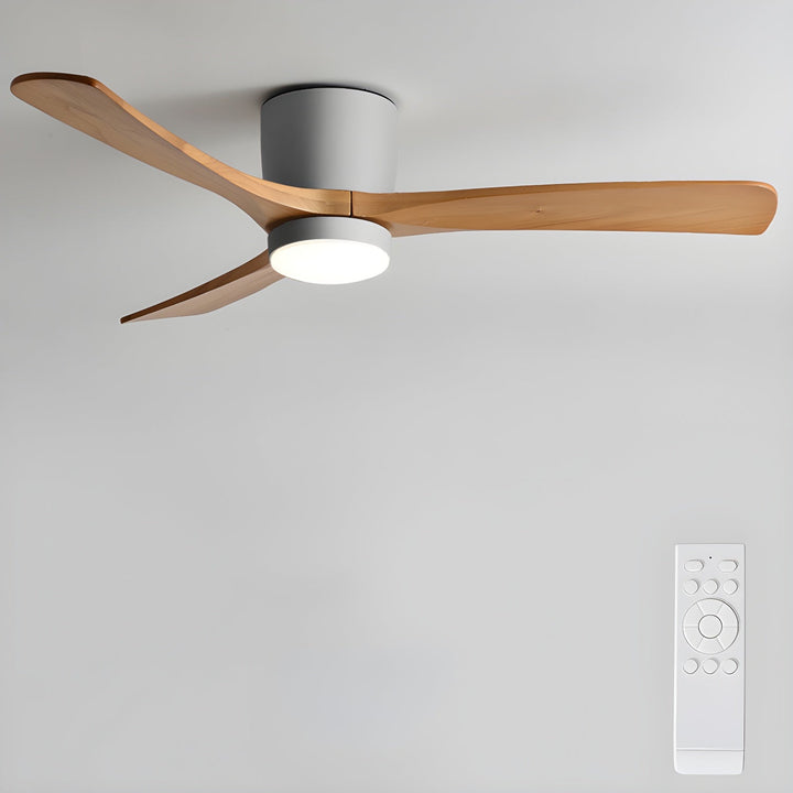 Wooden blade ceiling fan with LED light and remote. Nordic home interior design.