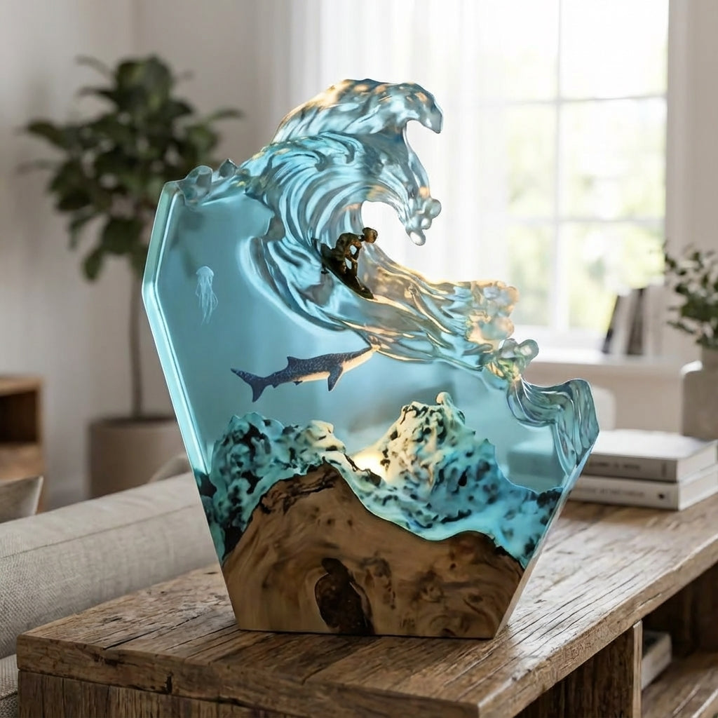Ocean whale sculptural dimmable resin table lamp. Unique home decor piece with ambient lighting.