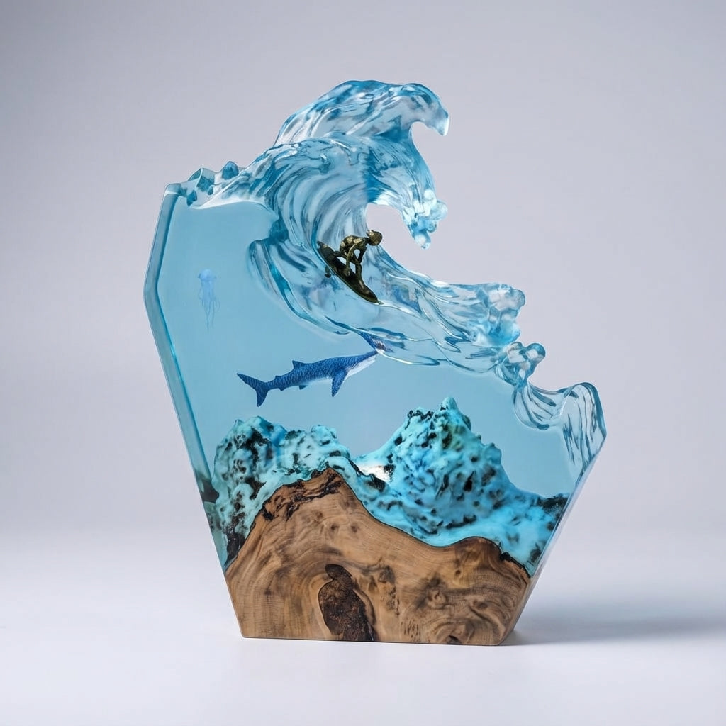 Decorative ocean whale sculpture table lamp crafted from resin. Dimmable light for unique home ambiance.