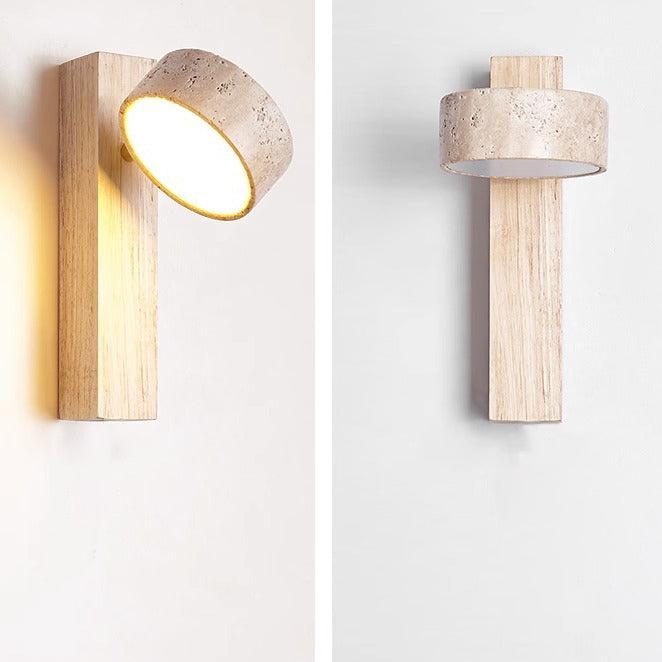 Contemporary off-white LED wall sconce, featuring genuine travertine & minimalist Wabi Sabi design.
