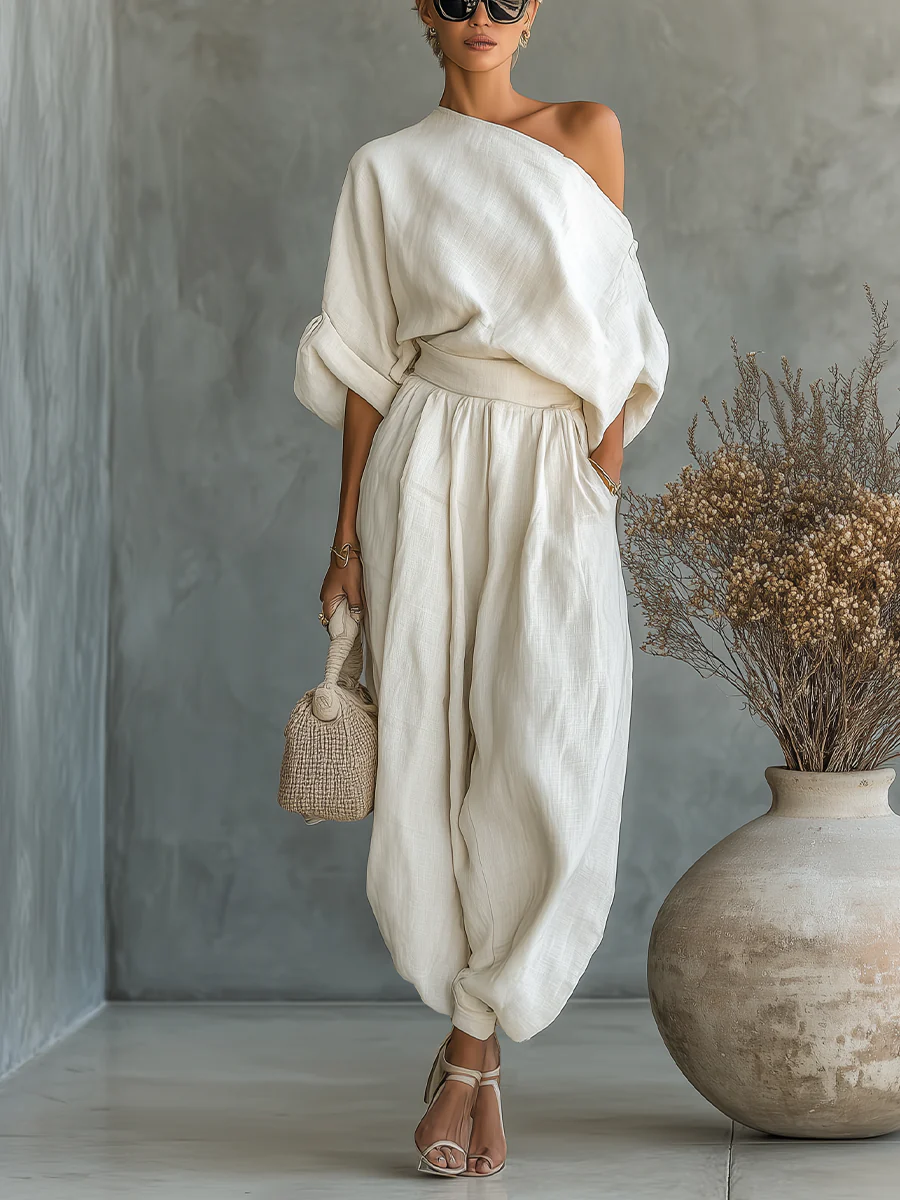 Off-white women's off-shoulder relaxed fit lounge set, a comfortable two-piece outfit perfect for summer casual wear.