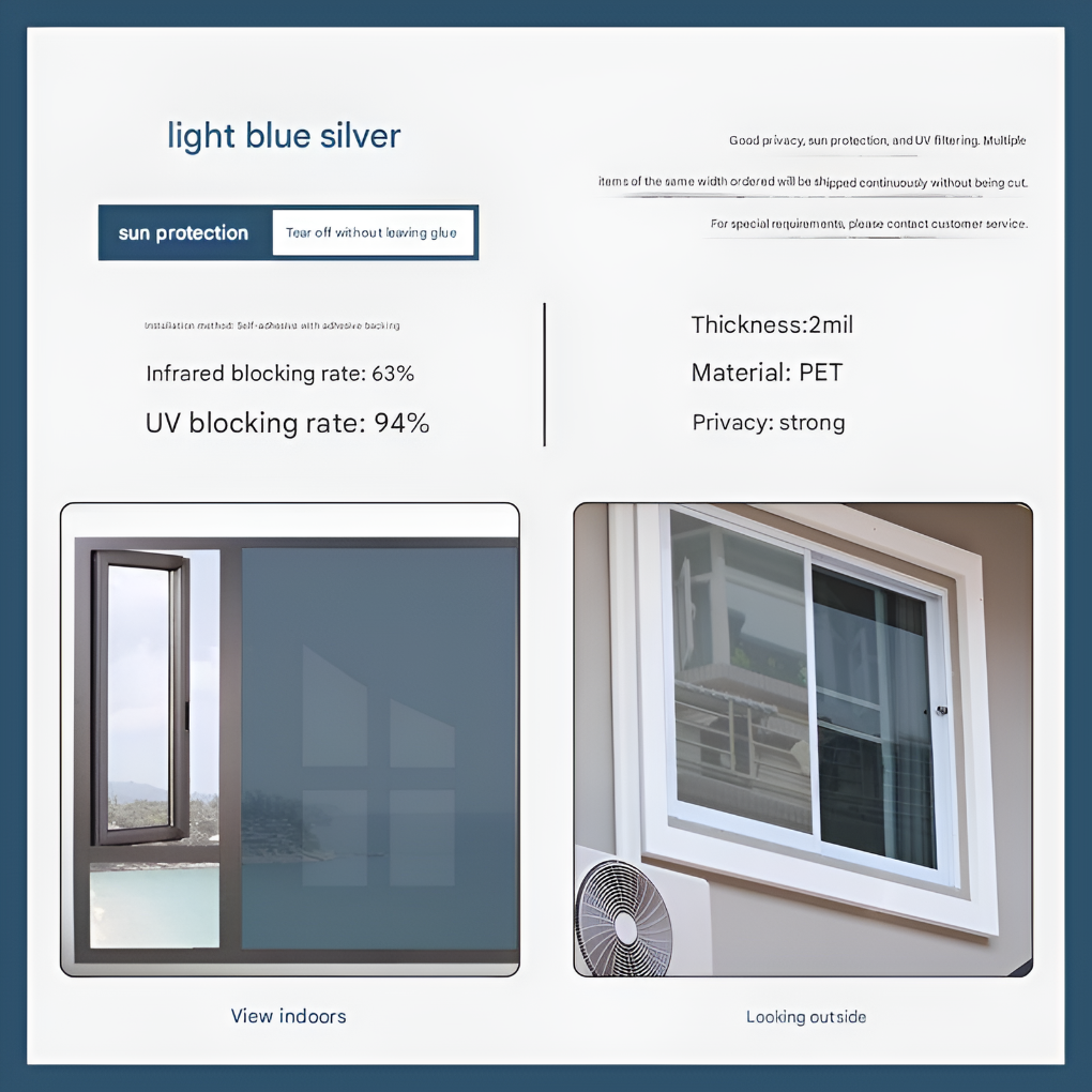 Exterior view of one-way window film, reflecting light for privacy & UV blocking. Interior view is clear.