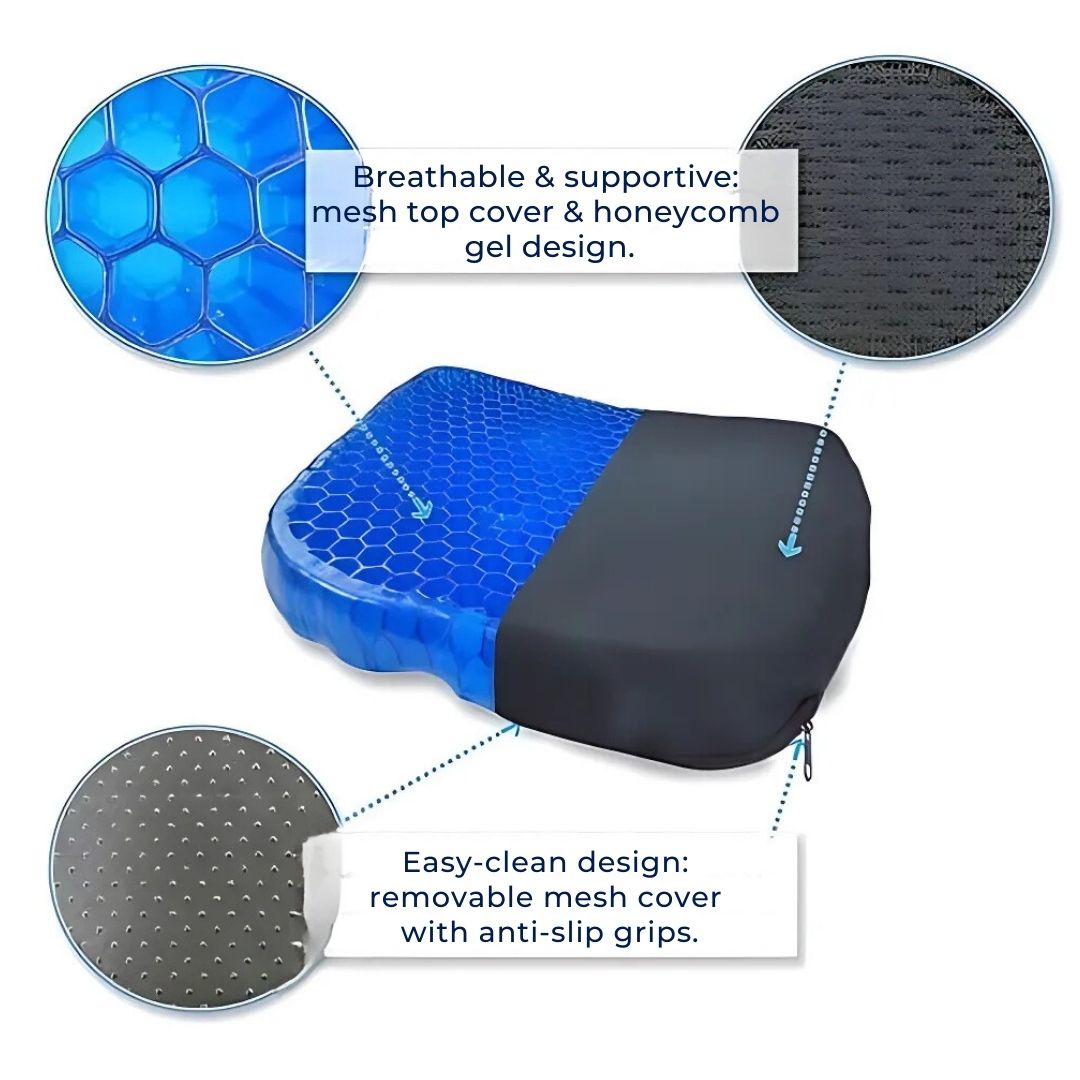 Orthopedic gel seat cushion for office chairs, car seats. Tailbone & back pain relief. Pressure relief.
