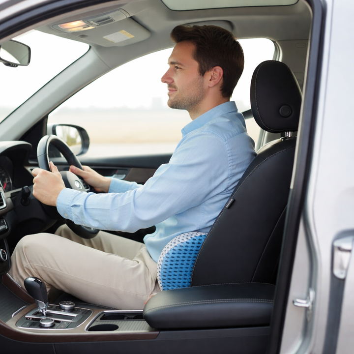 Memory foam lumbar support cushion for cars & offices, offering comfort & pain relief for the lower back.