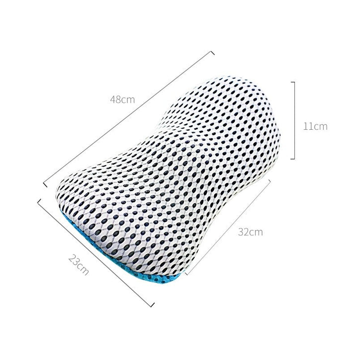 Ergonomic back support pillow for office chairs, correcting posture & relieving lumbar pain during work.