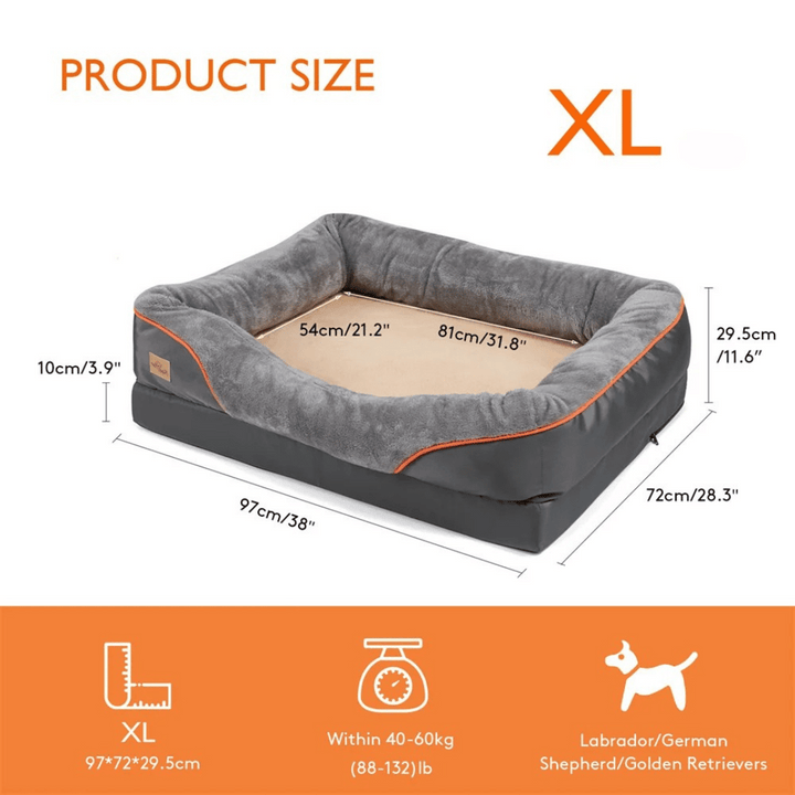 Grey orthopedic memory foam dog bed with a soft, washable cover, ideal for large dogs.
