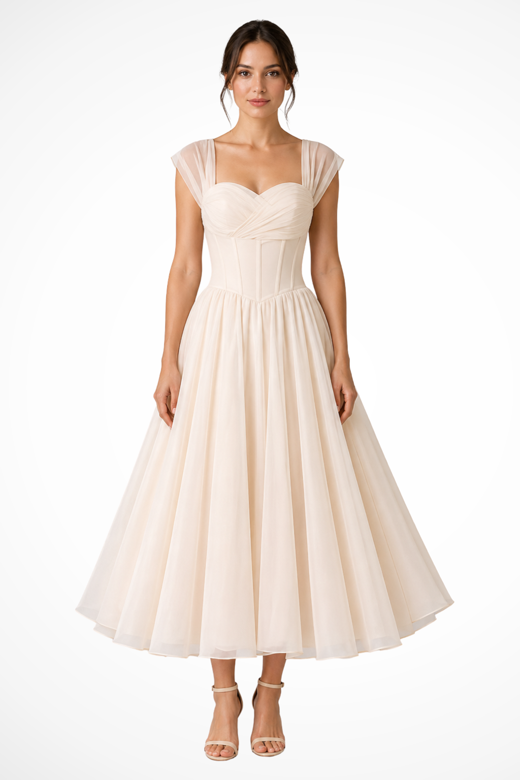 Ottilie women's sweetheart midi dress for special occasions. Elegant apricot flared formal evening wear.