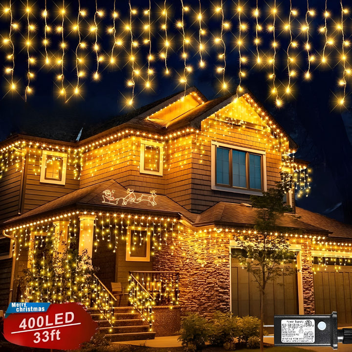 Outdoor LED curtain lights illuminate a patio, perfect for garden decor & festive ambiance. Weather-resistant fairy lights.