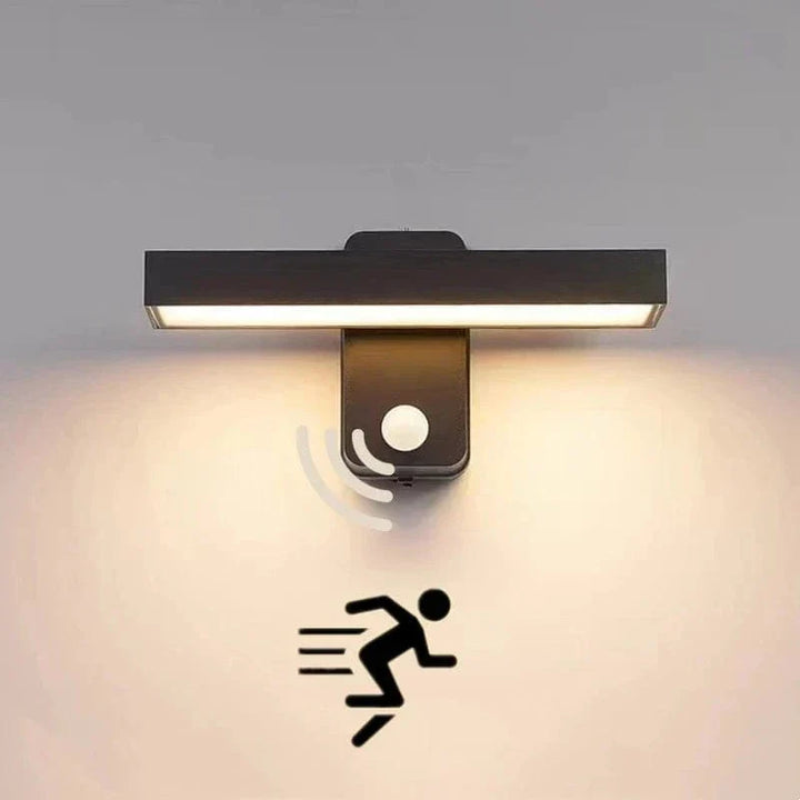 Outdoor waterproof LED wall light with motion sensor for garden security.